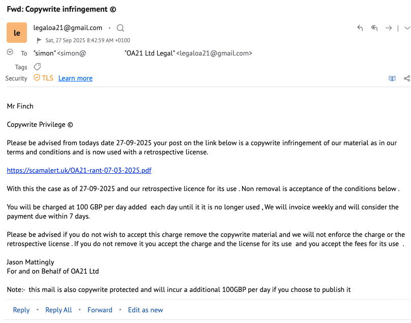 Copyright threats from Adam Worsfold copyright threat